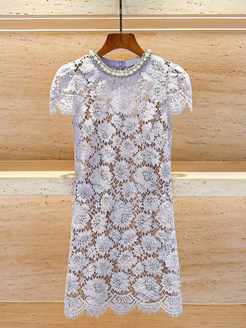 Self-Portrait Lace Pearl Collar Dress in Light Lavender